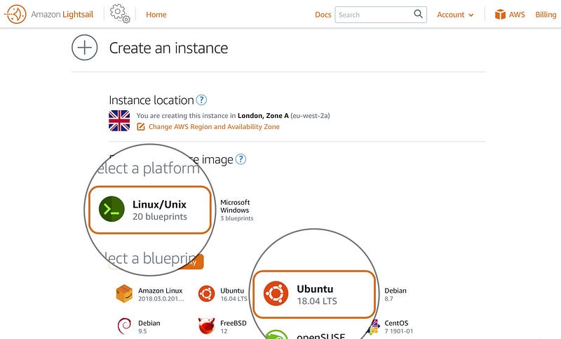 Select Ubuntu Linus as instance OS